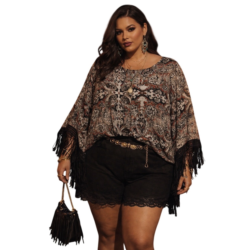 AGB Blouse Multicolor Fringe Boho-Chic Southwestern Festival Party Artsy 2X